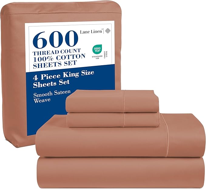 LANE LINEN Bed Sheets Queen Size – Premium 600 Thread Count Long-Staple 100% Cotton Sheets Queen Size Set, Hotel Luxury Soft & Cool Sateen Finish, Fully Elasticized 15" Deep Pocket – Rose Dawn