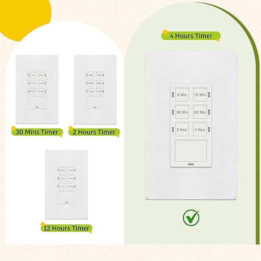 TG 4 Hour No Neutral Wire Countdown Timer Switch, 5-10-30-60 Min, 2-4 Hour, for Bathroom Fans, Heaters, Lights, LED Indicator, 120VAC 800W, UL Listed, Screwless Wall Plate, 2 Pack