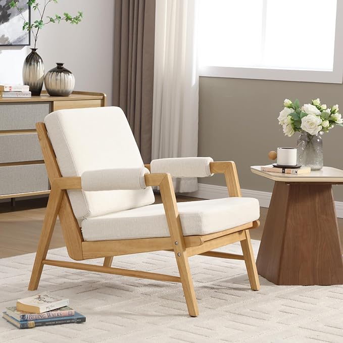 HEAH-YO Modern Accent Chair Set of 2, Upholstered Linen Fabric Living Room Chair with Wooden Frame, Comfy Armchair with Thick Cushion for Bedroom Balcony, Beige