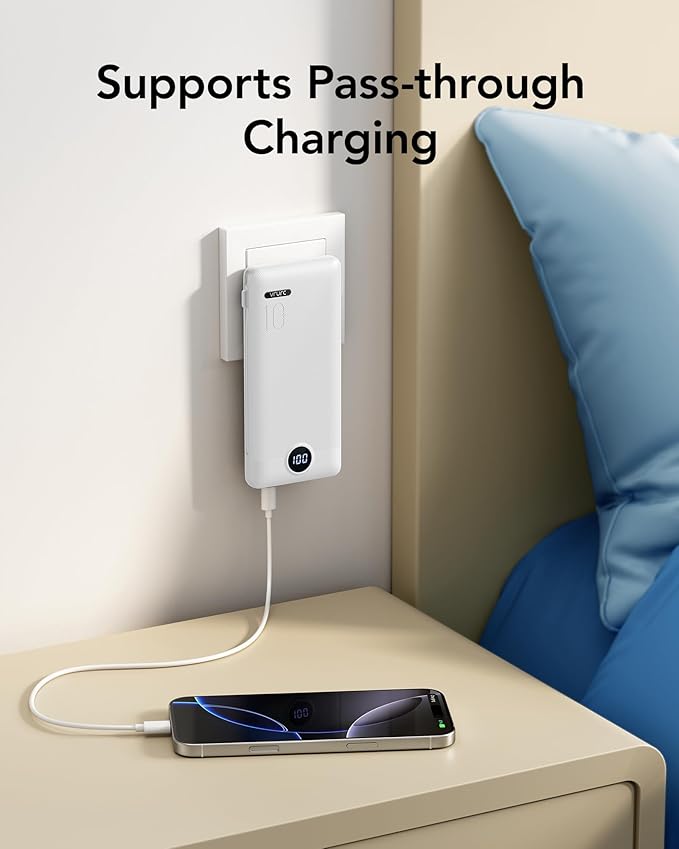 VRURC Portable Charger with Wall Plug, 10000mAh Slim Portable Charger Built in Cables,PD 20W Fast Charging Power Bank with Cords,USB C Portable Phone Charger Travel Accessories -White(1 Pack)