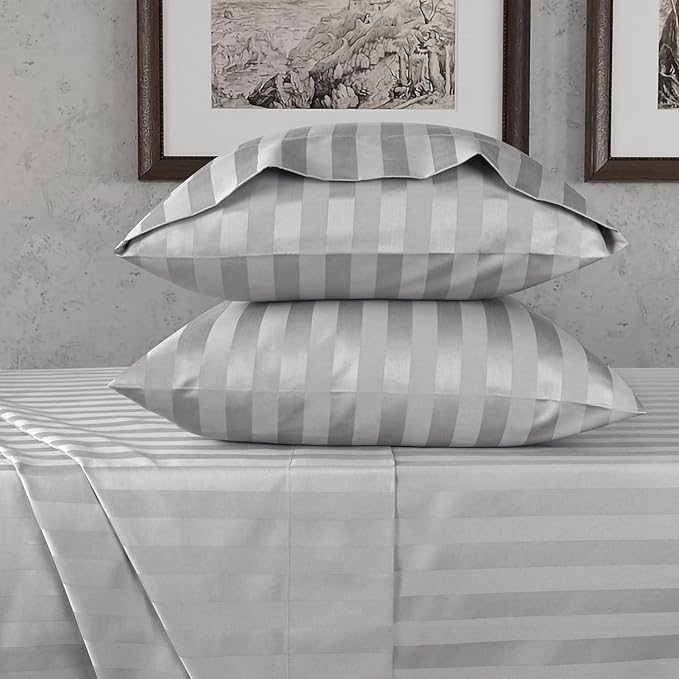 URBANHUT 800 Thread Count 100% Cotton Damask King Size Sheets, 4 Piece Striped King Size Bedsheets, Luxury Hotel Sheets Sateen Weave - Better Than Egyptian, 16" Elasticized Deep Pocket- Silver Grey