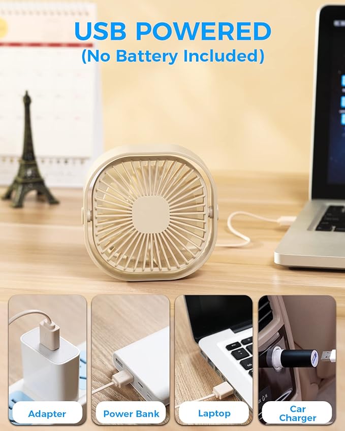 RJVW 4 Inch Small USB Desk Fan, 3-Speed Portable & 360°Rotatable Mini Cooling Fan, USB-Powered Desktop Fan for Home Office Bedroom Dorm Indoor Outdoor Summer Gift