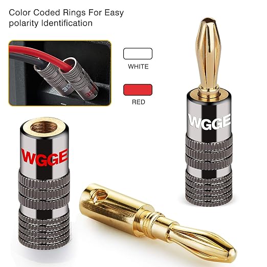 WGGE WG-029 Banana Plugs Audio Jack Connector, 24k Gold Dual Screw Lock Speaker Connector for Speaker Wire, Wall Plate, Home Theater, Audio/Video Receiver, and Sound Systems ((6 Pairs (12 Plugs)))