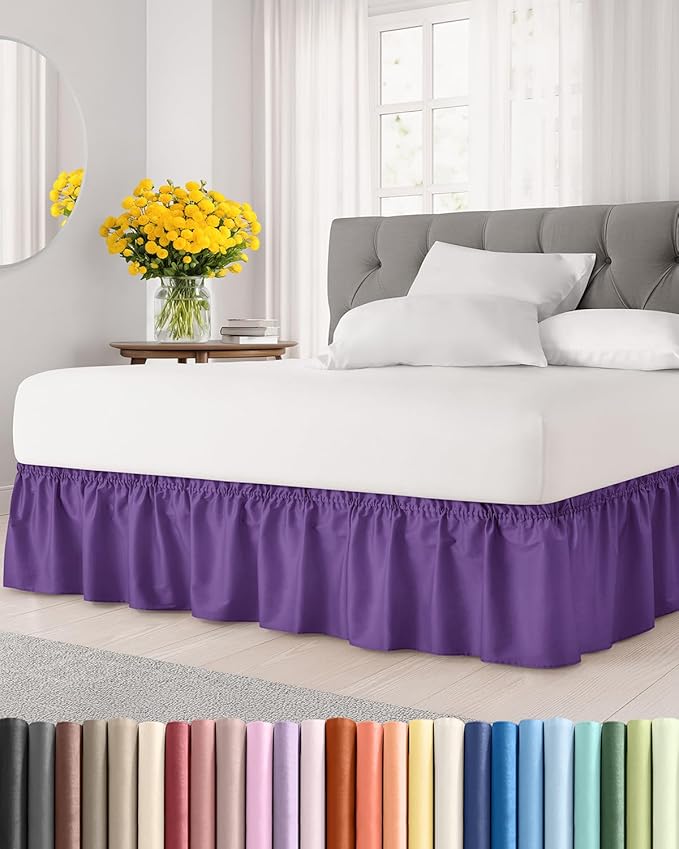 Wrap Around Dust Ruffle Bed Skirt - Purple - for Full Size Beds with 12 Inch Drop - Easy Fit Elastic Strap - Adjustable Pleated Bedskirt w/Brushed Fabric - Wrinkle Free - for Women, Men, Kids & Teens