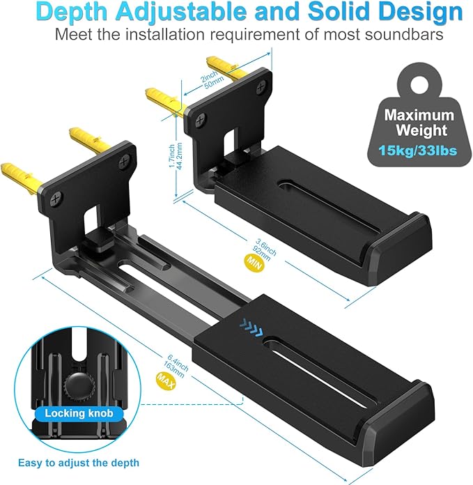 ZUOLACO Soundbar Wall Mount Bracket for Samsung, Bose, Vizio, LG, Sony, JBL, Sonos and More Sound Bar Mounts Under TV, Hold up to 33 lbs, Depth Adjustable 3.6”-6.4”, Soundbar Shelf, Black