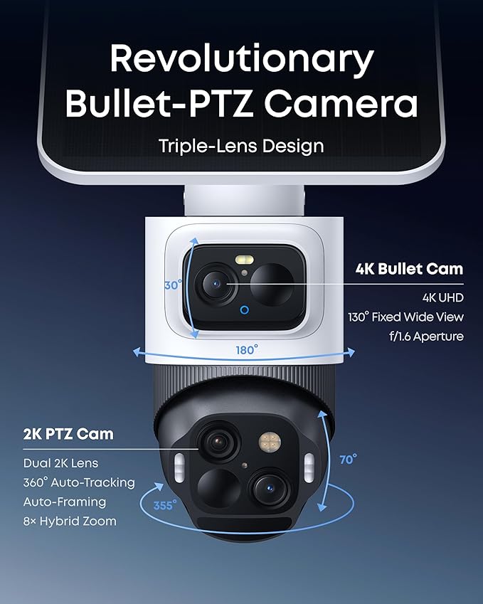 eufy Security eufyCam S4 4-Cam Kit,4K Solar Camera Wireless Outdoor, Triple Lens Bullet-PTZ Cam, 360° View, Cross-Cam Track, Al Recognition, 8X Zoom, Color Night Vision, 0 Monthly Fee, Local Storage