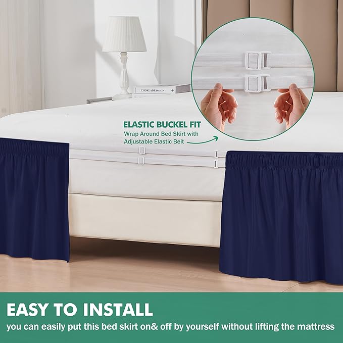 Biscaynebay Wrap Around Bed Skirts with Split Corners for Full Beds 15" Drop, Navy Adjustable Elastic Dust Ruffles Easy Fit Wrinkle Resistant Silky Luxurious Fabric Machine Washable