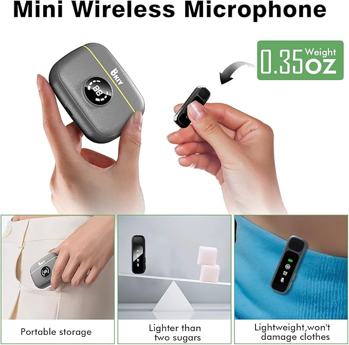 BKIY Wireless Lavalier Microphone for iPhone/Android - Dual Mini Noise Canceling Mic with Charging Case(30H), USB-C/Lightning Clip-on Microphone for Video Recording Streaming Podcast Vlogging(Black)