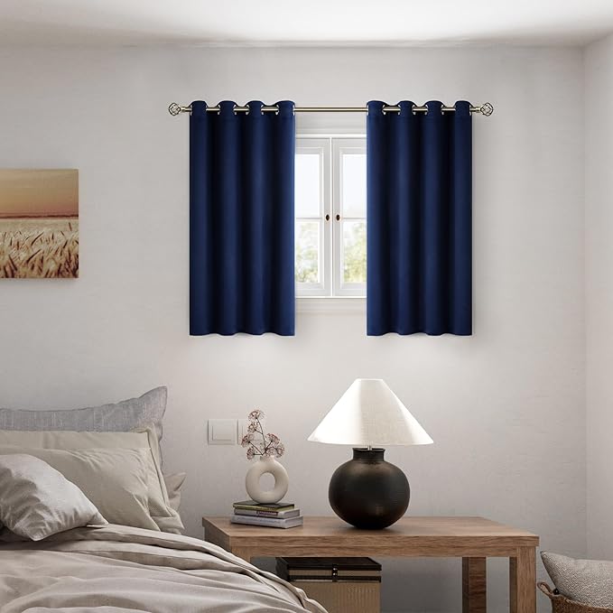 BGment Short 100% Blackout Curtains for Bedroom, Thermal Insulated Energy Efficiency Noise Reducing Grommet Curtains 45 Inch Length with Liner for Small Window 2 Panels Each 52 Inch Wide, Navy Blue