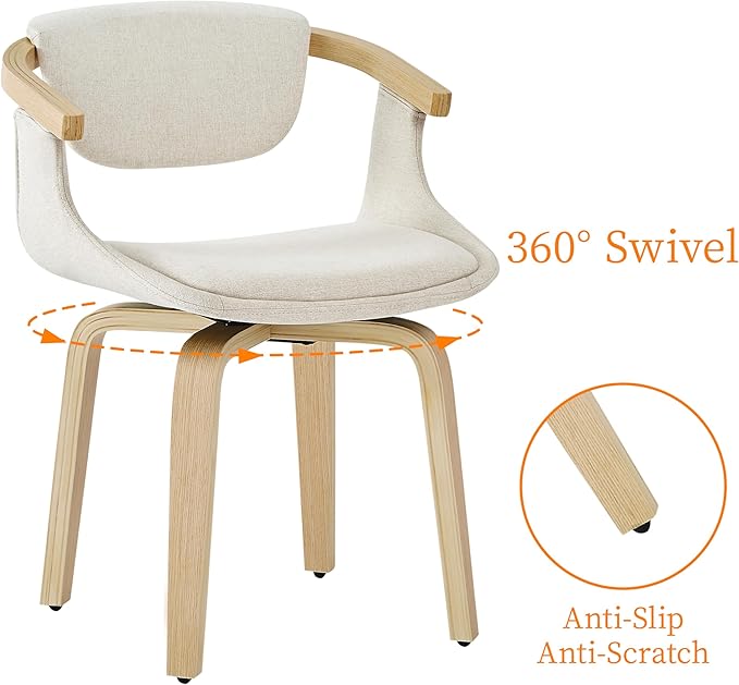 Art Leon Swivel Dining Chairs - Mid Century Modern Fabric Upholstered Kitchen Dining Room Chair with Arms, Desk Chairs No Wheels, Set of 2, Off White