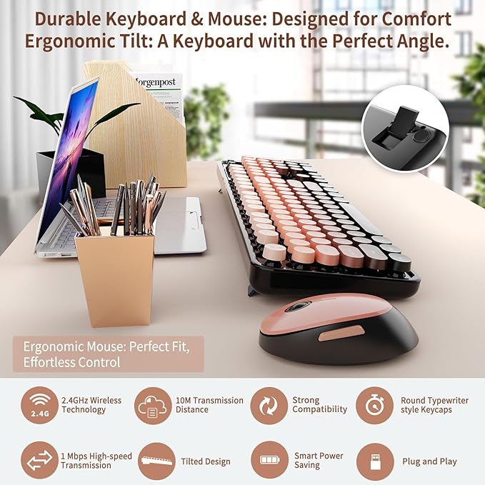 Nowlike Wireless Keyboard and Mouse Combo, Retro Typewriter Keyboard with Round Keycaps, Full-Size Ergonomic, Aurora Red, Ideal for Windows PC, Home, Office, and College