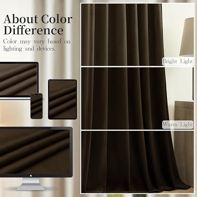 Brown Velvet Curtains Extra Long Room Darkening Drapes Super Soft Elegant Thermal Insulated Soundproof Privacy Window Curtains for Bedroom Living Room, Back Tab Rod Pocket, W52 x L108, 2 Panels