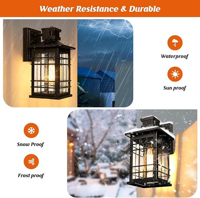 Motion Sensor Outdoor Wall Light Black, Dusk to Dawn Outside Porch Light Fixture Wall Mount, Waterproof Exterior Light Fixture with Seeded Glass, Matte Black Wall Sconce Lantern for House Patio Garage