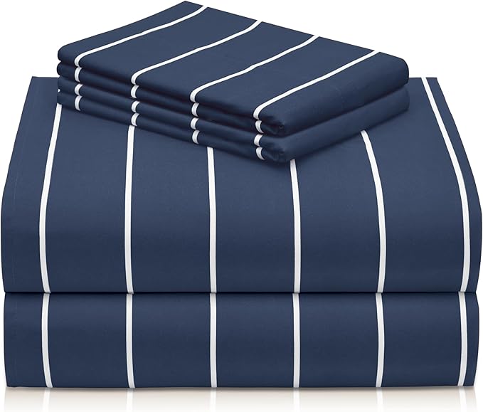 LuxClub 4 PC Full Sheet Set, Deep Pockets Wrinkle Free Cooling Bed Sheets Hotel Bedding for Women, Men, Includes 1 Fitted Sheet, 1 Flat Sheet and 2 Pillowcases-Striped - Navy