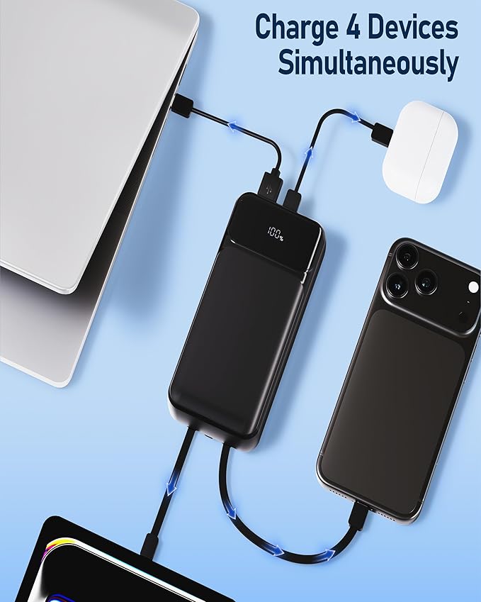Power-Bank-Portable-Charger 49800mAh Portable Phone Charger Power Bank with 3 Built-in Cable(USB-C, iOS, USB-A), 22.5W Fast Charging LED Display External Battery Pack for iPhone Android Samsung, etc