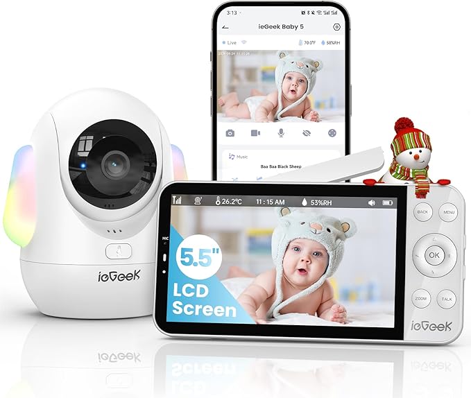 ieGeek 5.5" Baby Monitor,Audio Monitor with 2.5K Ultra HD 2.4G&5Ghz WiFi Camera,Night Light,Face Covering&Cry Detection,Two-Way Talk,Night Vision,Temp&Humidity Sensor,4000mAh Battery,App Control