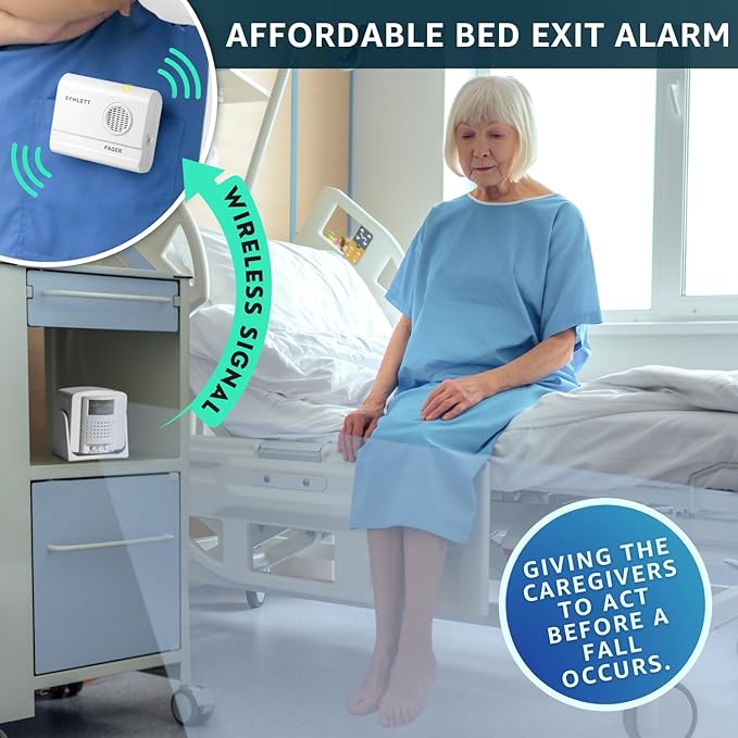 SYNLETT Bed Alarm Caregiver Pager with 2 Wireless Motion Sensors Alarm Indoor Fall Prevention for Elderly Monitoring Seniors Dementia Patients Seniors Home Door Chime