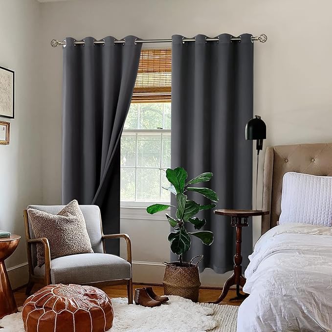 BGment Thermal Insulated 100% Blackout Curtains for Bedroom with Black Liner, Double Layer Full Room Darkening Noise Reducing Grommet Curtain (52 x 72 Inch, Dark Grey, 2 Panels)