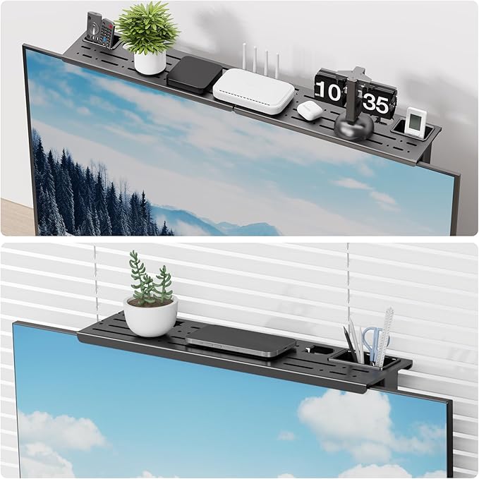 CABTE Steel TV Top Shelf- Adjustable Screen Shelf Floating Stand with 2 Storage Boxes,Computer Screen Shelf for Soundbar, Media Boxes, Game Console, Router and Home,34.65×4.33inch
