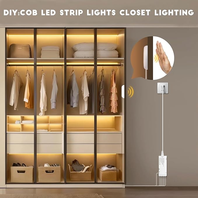 CHNMALITAI COB LED Strip Lights 12V Penetrable Wood Touch Dimmable LED Under Cabinet Light Kit with 60W Adapter 2M/6.56FT Flexible COB LED Strip for DIY Kitchen,Cabinet,Counter,Shelf,Showcase Decor