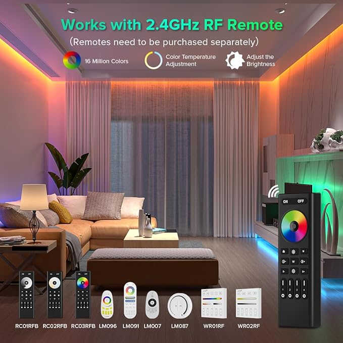 FCOB 5in1 WB5 2.4GHz WiFi PWM LED Controller Compatible with Alexa Google Home Smart Life Tuya APP for Dimming CCT RGB RGBW RGBCCT LED Strip Light Controller Works with WR01RF WR02RF, DC12V-24V