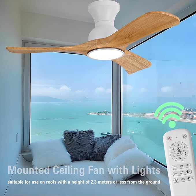 Gaizw Ceiling Fans with Lights, 36 inch Ceiling Fan with Remote Control, Wood 3 Blade Small Ceiling Light, Flush Mount Fans for Bedroom Dimmable,Noiseless Ventilation Fan
