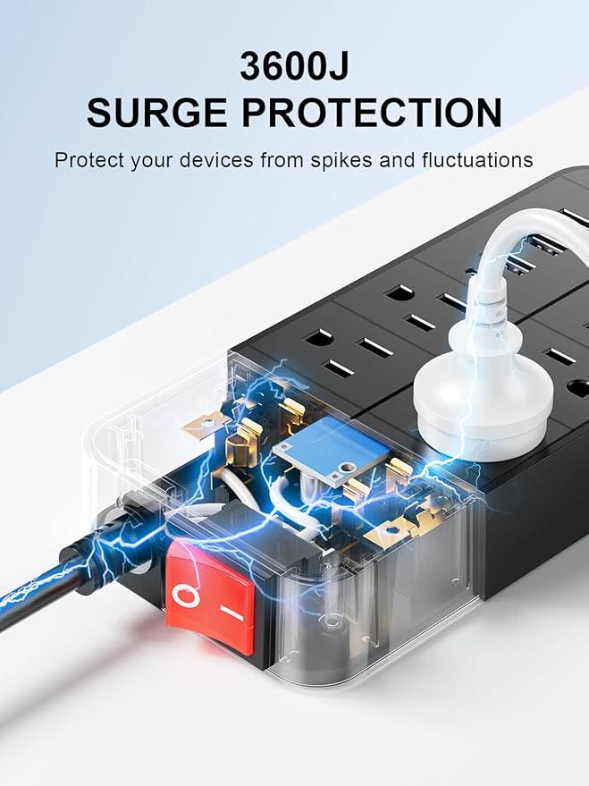 Otovoda Surge Protector Power Strip, 6 Ft Extension Cord with Multiple Outlets & 4 USB Ports (1 USB C PD20W), Multi Plug Extension Outlet Perfer for Home Office Workspace Bedroom, 3600 Joules, Black