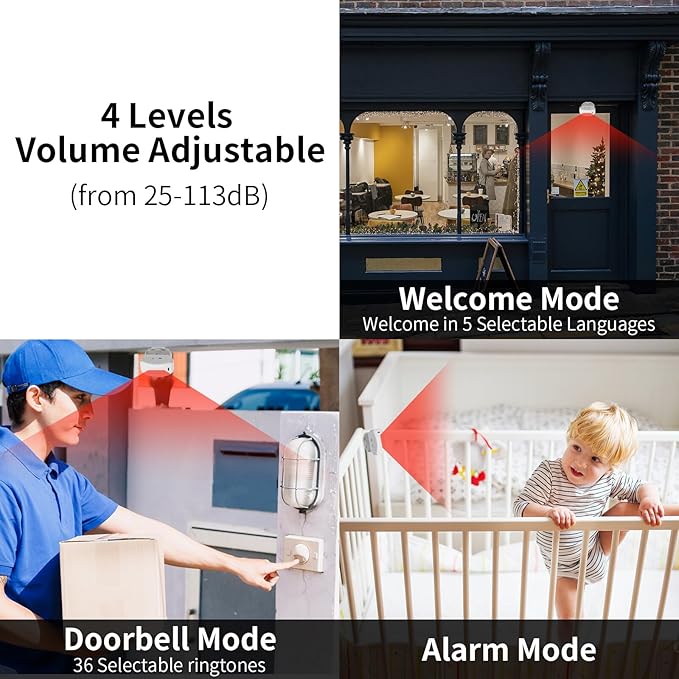 KCMYTONER Wireless Motion Sensor Door Chime, Entry Alert Chime for Business, Door Alarm,112LB Loud, Adjustable Volume and Light Brightness, for Home, Warehouse, Villa Security(3Sensors& 1Receiver)
