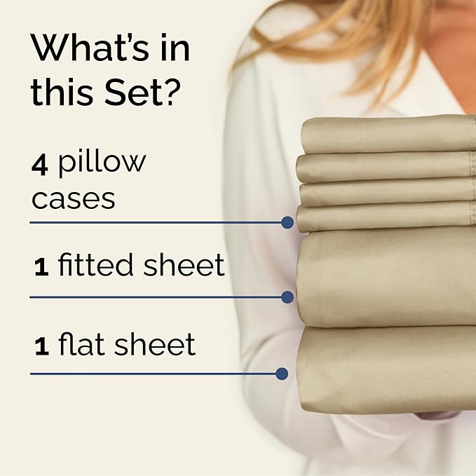 Queen 6 Piece Sheet Set - Cooling, Comfy & Breathable - Hotel Luxury Bedding, Includes Fitted Sheet for Women, Men, Kids and Teens - 1 Flat, 1 Fitted Sheet, 4 Pillowcases with Deep Pockets - Beige