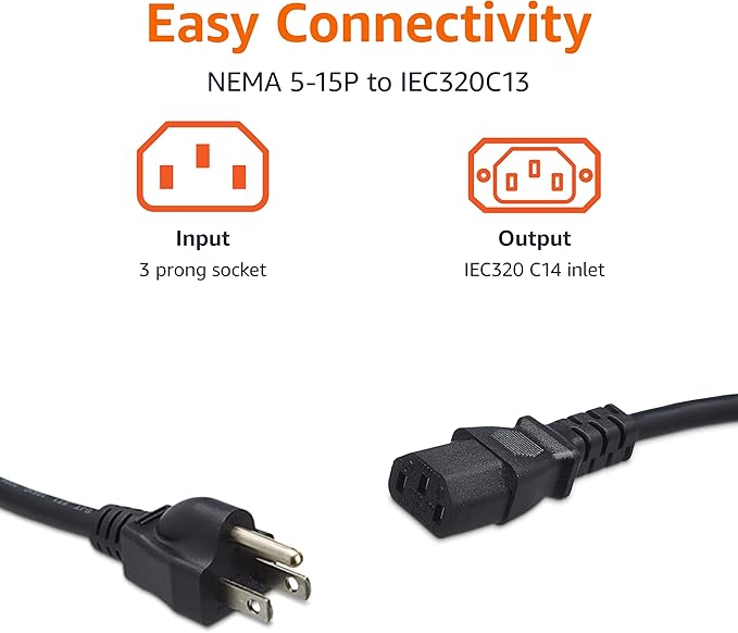 Amazon Basics PC Power Cord, 12 feet, AC Power Cord for Monitor, Computer, TV, 3 Prong, 18 AWG, 125 Volts, Black