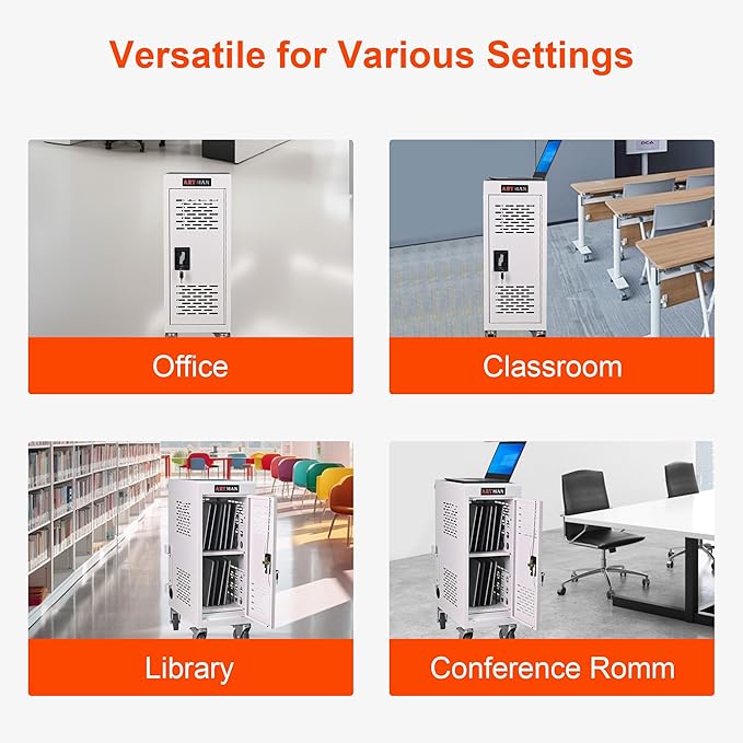 Aokleo Laptop Charging Cart,16 Devices Tablet Storage Carts for pad Up to 16.3" Screen Size, Classroom Computer Mobile Charging Station for Pads, Chromebooks,Laptops, Security Storage(16 Bay-White)