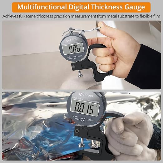 Neoteck Digital Thickness Gauge 0.5inch/12.7mm,0.0005inch/0.01mm LCD Display with Inch/MM Conversion One-Hand Quick Press Thickness Measuring Tool for Leather Paper Fabric Film etc.-Silver-Grey