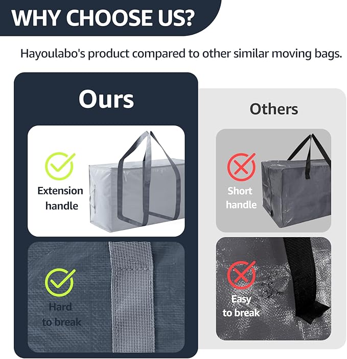 Moving Bags Heavy Duty Extra Large, Moving Boxes, Moving Supplies Essentials,Storage Bins with Lids, Plastic Packing Totes, Storage Bags for Clothes with Handles & Zippers(Grey, 8 Pack)