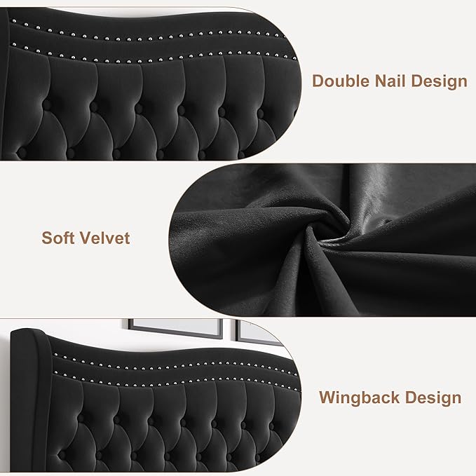 Queen Bed Frame with Tall Headboard & Footboard, Velvet Upholstered Platform Bed Frame with Deep Button Tufted Wingback, No Box Spring Needed, Noise Free, Black
