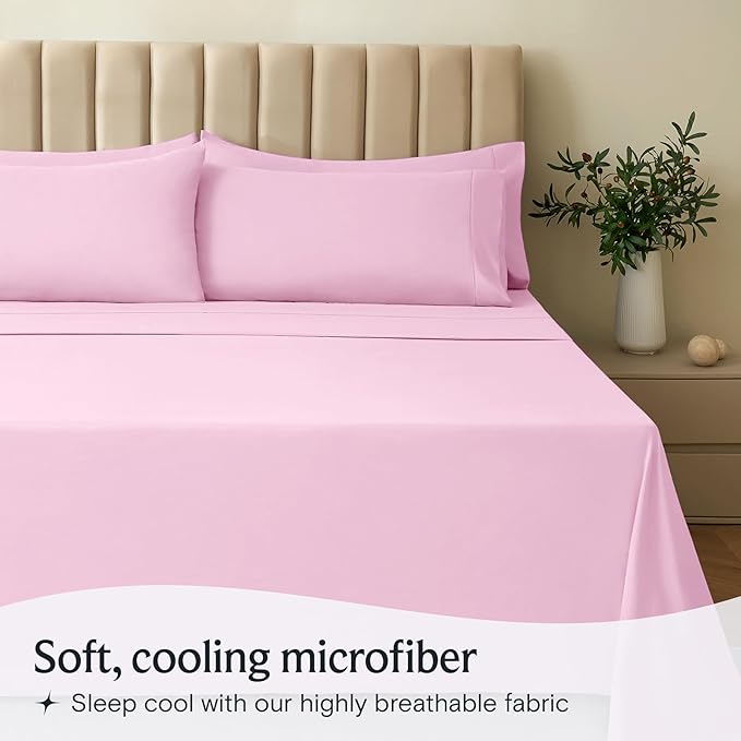 LuxClub 4 PC Sheet Set Bed Sheets Deep Pockets Eco Friendly Wrinkle Free Cooling Machine Washable Hotel Bedding Silky Soft - Powder Pink Full