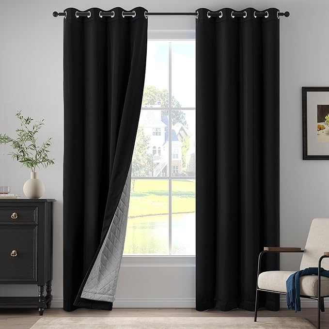 Black 3-in-1 Heavy Soundproof Curtains 100% Blackout Window Drapes Grommet Doorway Curtains Heat Insulating Winter Curtains for Bedroom Living Room (1 Panel, Black, 50" x 96")