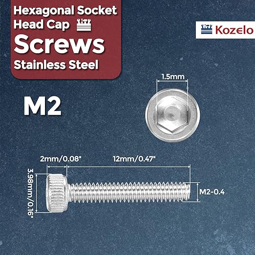 Kozelo 50pcs Socket Head Cap Screws - [M2-0.4 x 12mm] 304 Stainless Steel Allen Socket Drive for Electrical Motor 3D Printing Fan Engine Replacement Use, Silver