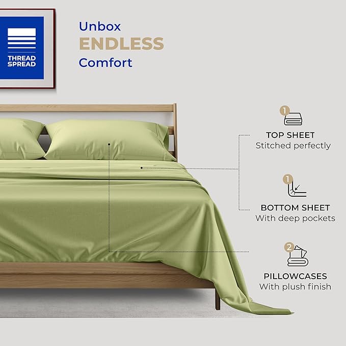 THREAD SPREAD 400 Thread Count King Cotton Sheets - 4 PC King Size Bed Sheet Set Cotton (Herb Green), Soft, Cooling, Hotel-Quality 16" Deep Pocket Sateen Bedsheet for Hot Sleepers (Fits 18" Mattress)