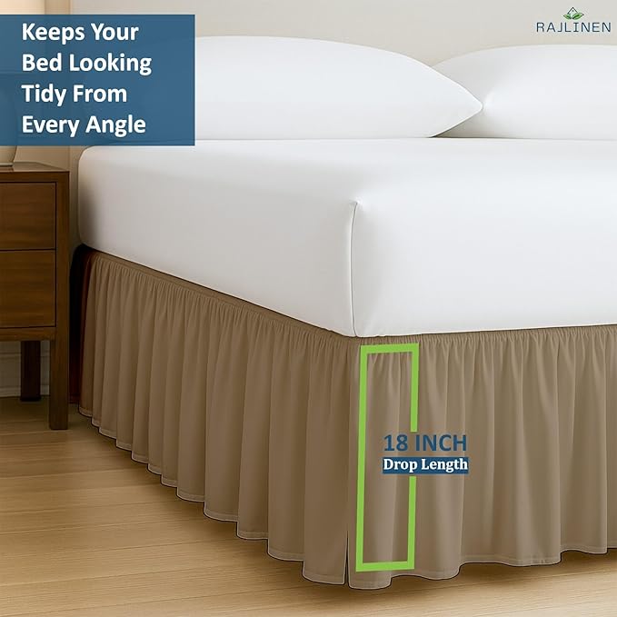 Rajlinen Ruffled Bed Skirt Twin XL, 18 Inch Drop Dust Ruffle with Split Corners, 100% Microfiber Bedskirt with Platform, Three-Sided Coverage Ruffled Gathering Design, Taupe