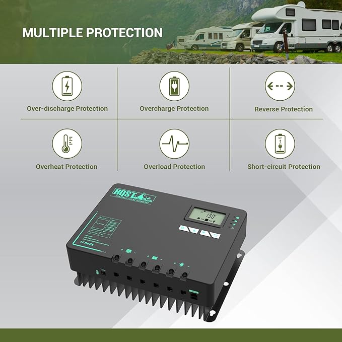 HQST 60 Amp MPPT Solar Charge Controller 12V/24V/36V/48V Negative Grounded Controller with Built-in Bluetooth and Lithium Battery Low Temperature Protection Function, Support Two Units in Parallel