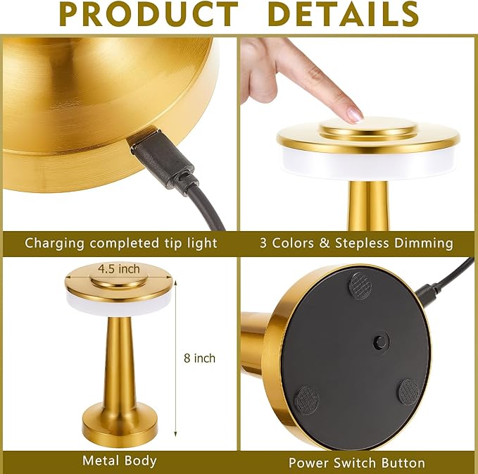 VIHOSE Cordless Table Lamps LED Portable Rechargeable Table Lamp with Touch Sensor 3 Color Dimming up to 15 Hours Battery Desk Light for Restaurant Nursery Living Room(Gold,36 Pcs)