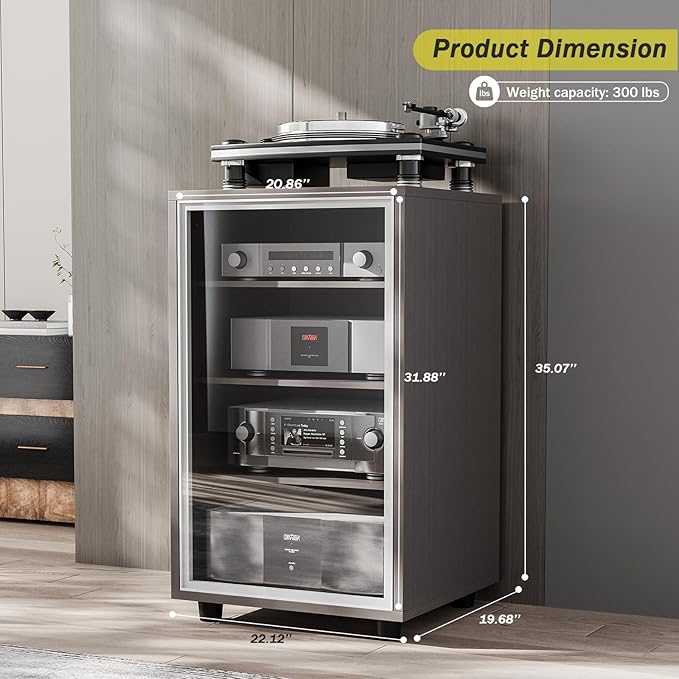 Media Storage Cabinet with Tempered Glass Door, 3 Adjustable Shelves Stereo Cabinet with Cable Management, AV Rack for Living Room/Gaming Setup/Home Studio Audio Rack (Grey)