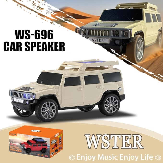 WSTER WS-696 Solar Bluetooth Replica Speaker – Portable Modern Off-Road Car Design with HD Sound, TWS, LED Party Light, USB/TF Playback, FM, Built-in Microphone, Surprise Gift(Beige)