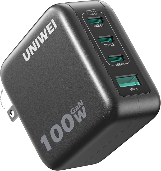 UNIWEI 100W USB C Charger Block, 4-Port GaN and Ultra-Compact Wall Adapter, for MacBook, iPhone 17/16 Series, Samsung Galaxy, Pixel, and More
