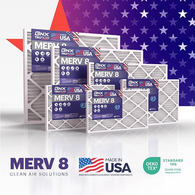 BNX TruFilter 14x20x1 Air Filter MERV 8 (12-Pack) - MADE IN USA – Dust & Pet Defense Electrostatic Pleated Air Conditioner HVAC AC Furnace Filters for Dust, Pet, Mold, Pollen MPR 600 – 700 & FPR 5