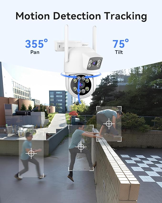 VORGUT Security Camera Outdoor Wireless, Dual Lens 2K (3MP+3MP) 355° PTZ Home Security WiFi Camera Outside Surveillance Indoor, 2.4G WiFi, PIR Human Detection, Auto Tracking, Color Night Vision, White