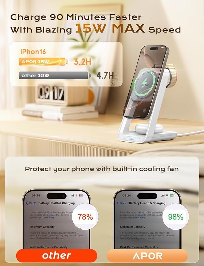Apor 3 in 1 Charging Station for iPhone, Magsafe Wireless Charger with Cooling Fan for iPhone 17 16e 16 15 14 13 12 Series & Apple Watch Charger, Wireless Charging Station for AirPods 4/3/Pro (White)