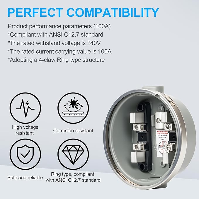 100 Amp Meter Socket, 4 Jaw Meter Base, 240V 3 Wire Ring Type, with Horn Bypass Meter Cover Plate, Suitable for Overhead/Underground Feed