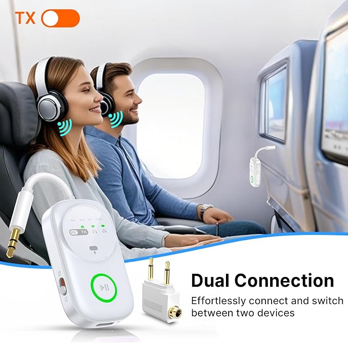 PinPure Bluetooth 5.4 Transmitter Receiver for 2 AirPods/Headphones, 2-in-1 Wireless Adapter with Microphone, Audio Adapter with 3.5mm Audio Jack, Suitable for Airplane, Car, TV, PC, Home Stereo