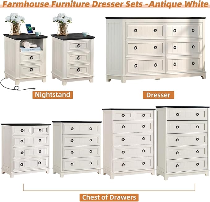 Bedroom Dresser and Nightstand Sets 4 Piece, Farmhouse 6 Drawers Dresser & 40.5" Tall Chest of Drawers,18" Nightstands with Charging Station,54" Wide Furniture Dressers for Bedroom,Living Room